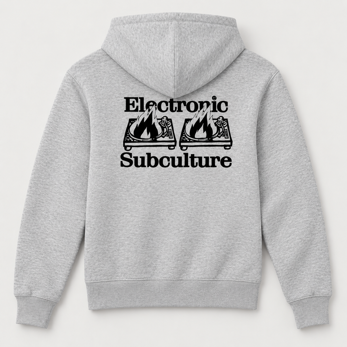 Grey Decks on Fire hoodie by Electronic Subculture, centred back view on a light grey studio background