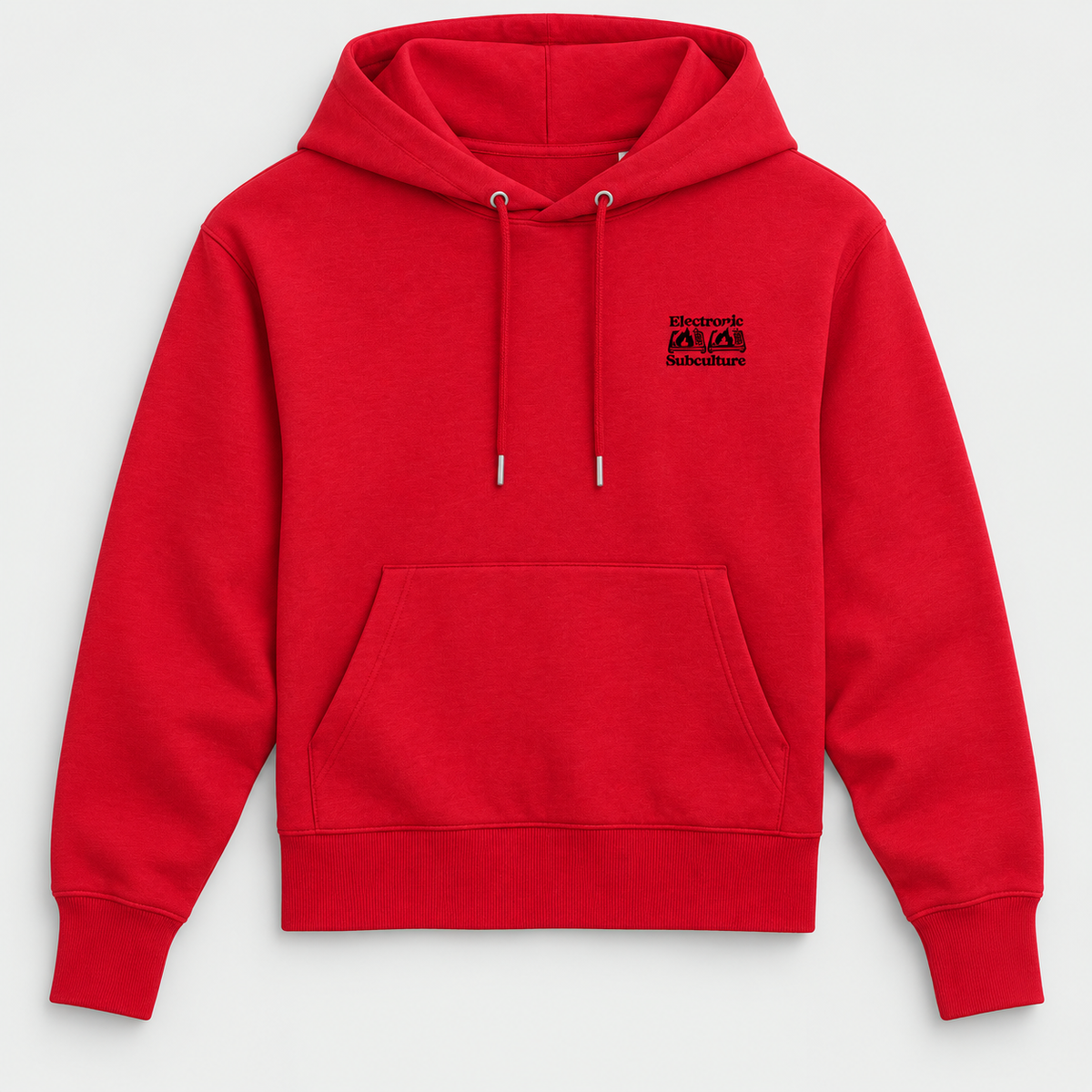 Electronic Subculture red hoodie, front view