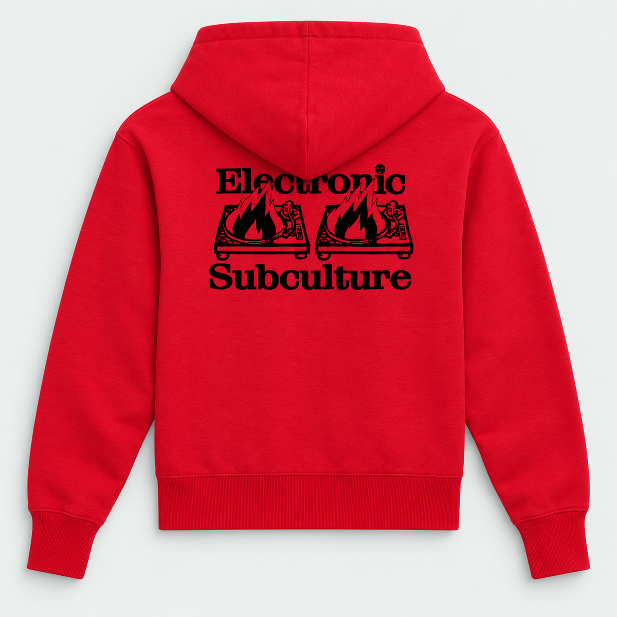 Red Decks on Fire hoodie by Electronic Subculture, centred back view on a light grey studio background
