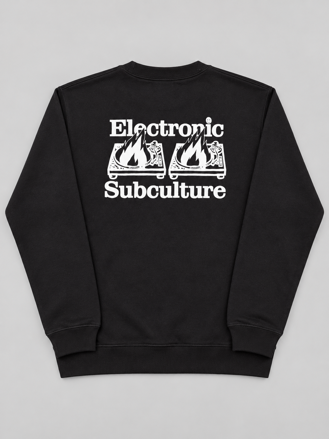 Close-up of white circular Electronic Subculture LDN logo printed on black sweatshirt.