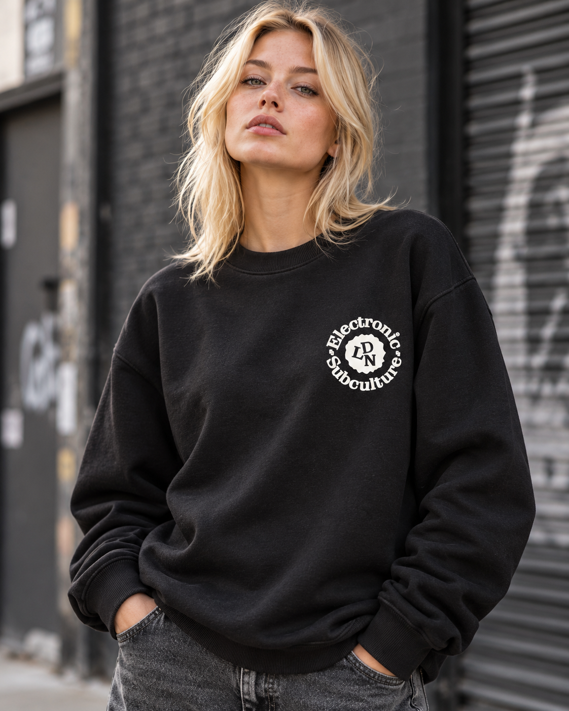 Blonde model wearing the black Electronic Subculture Decks on Fire sweatshirt with white LDN chest logo.