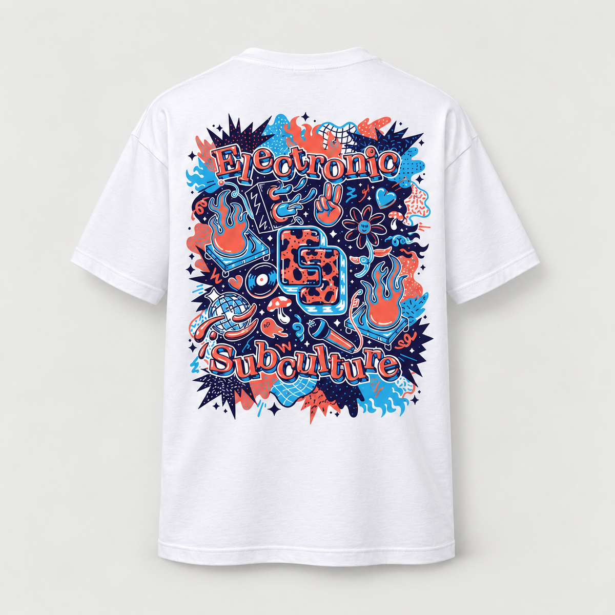 White BXL T-shirt with blue, coral and navy Electronic Subculture artwork, centred back view on a pale grey background