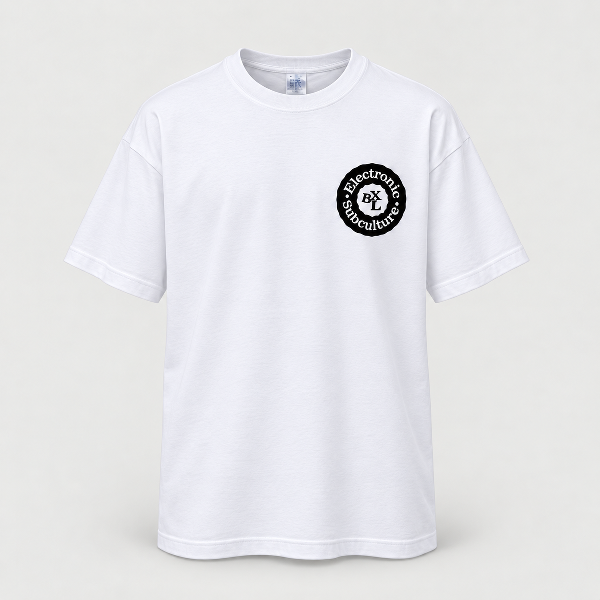 White Electronic Subculture BXL T-shirt, centred front view with black chest logo on a pale grey background