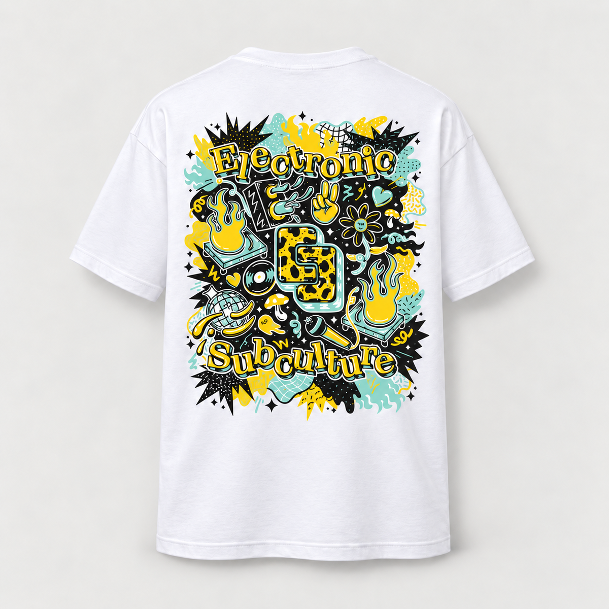 White BXL T-shirt with yellow, mint and black Electronic Subculture artwork, centred back view on a pale grey background
