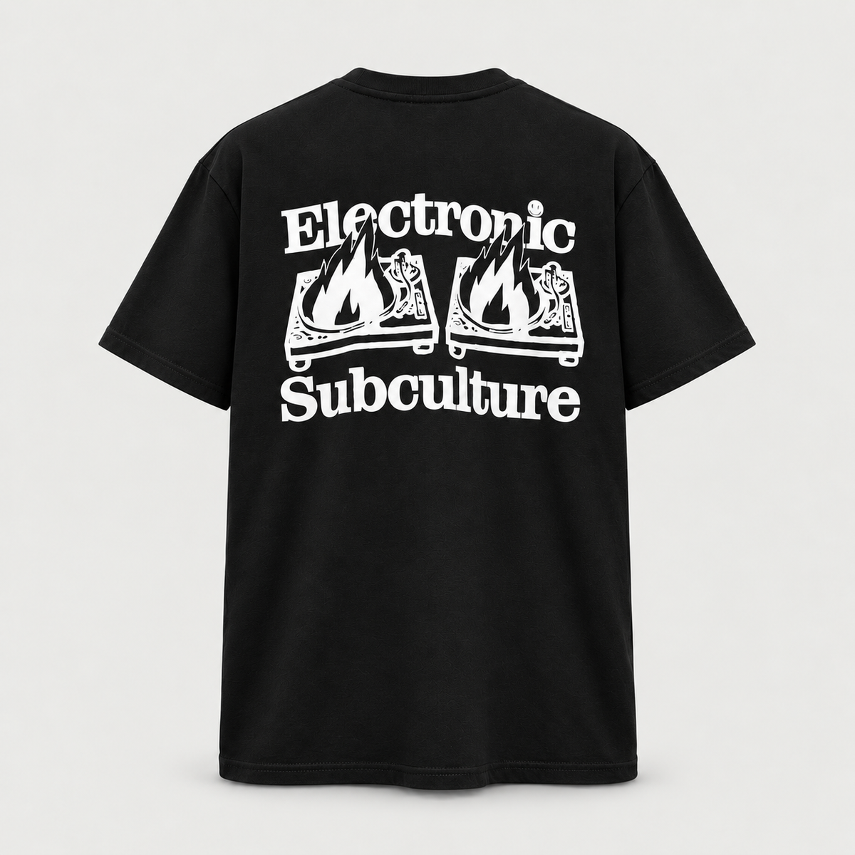 Black Electronic Subculture Decks on Fire T-shirt, centred back view on a pale grey background