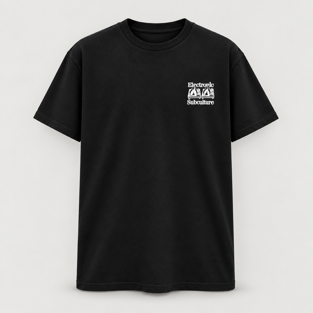 Black Electronic Subculture Decks on Fire T-shirt, centred front view on a pale grey background