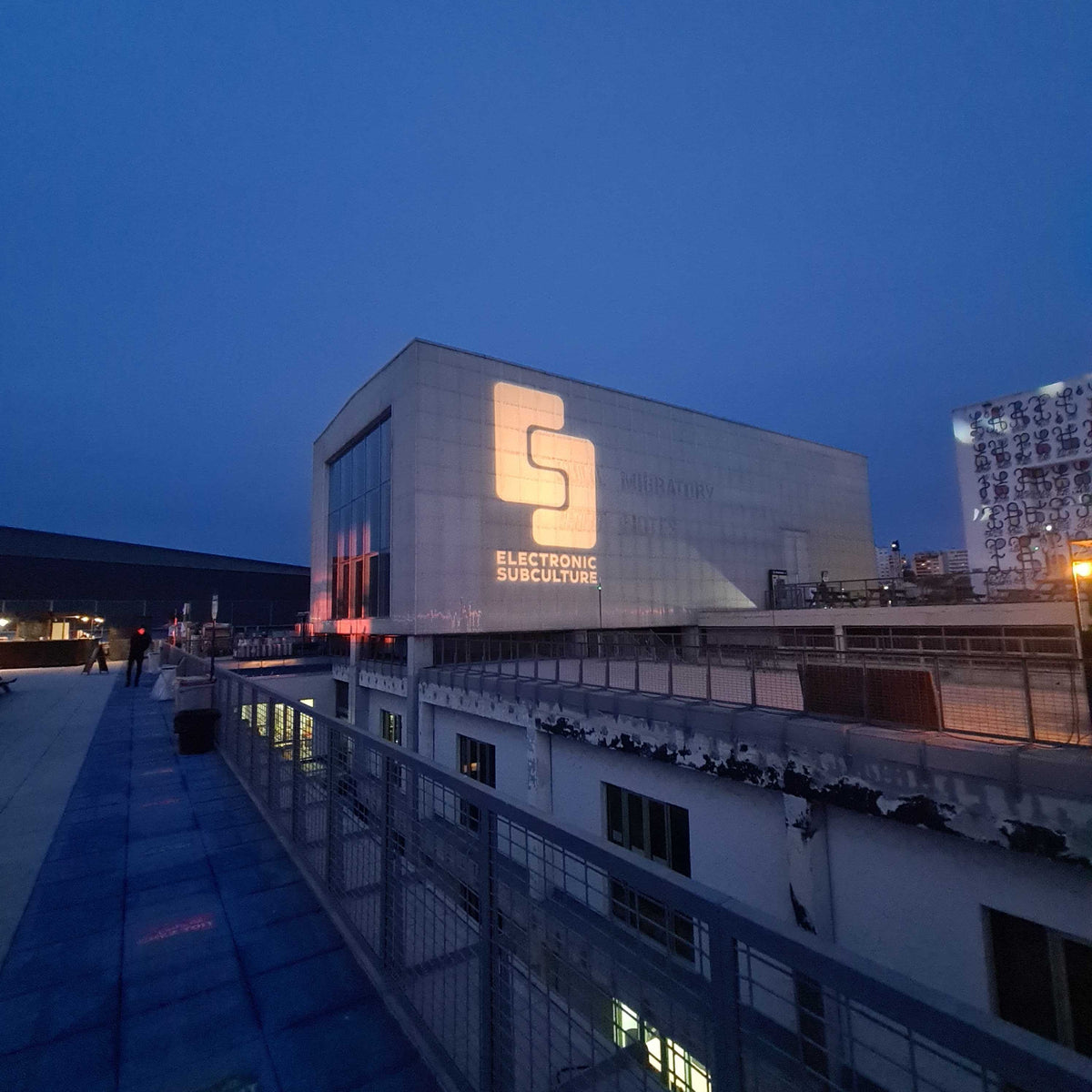 Electronic Subculture logo projected on building